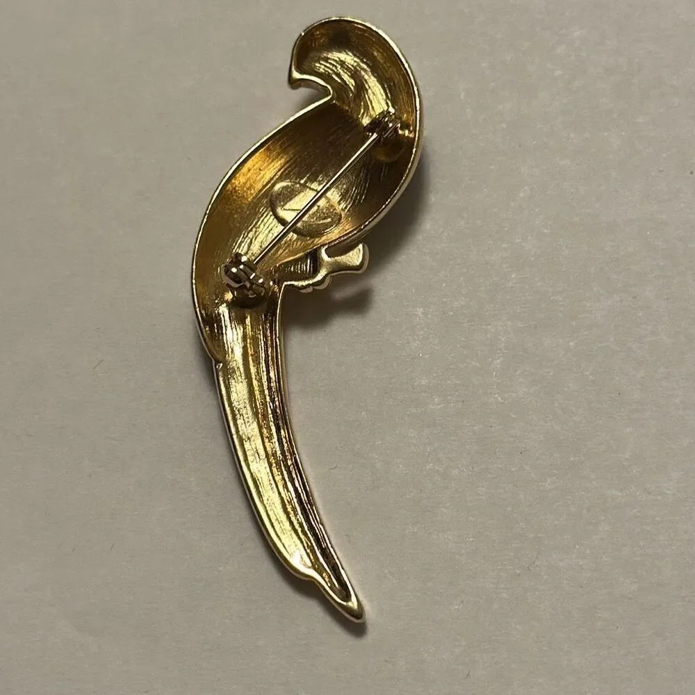 Liz Claiborne Gold Tone Green Enamel Clear Rhinestone Parrot Bird Brooch Vintage